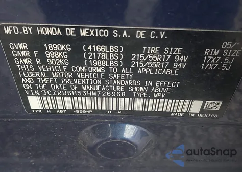 2017 Honda Hr-V Ex z USA, uszkodzony, nr VIN 3CZRU6H53HM726968